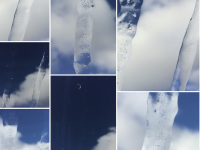 collage of pictures with a blue sky, white clowds and icicle