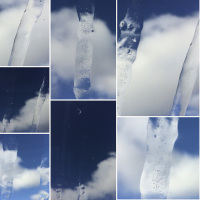 collage of pictures with a blue sky, white clowds and icicle