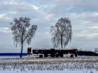an articulated bus is driving on a street through a snowy winter landscape in hermannsburg