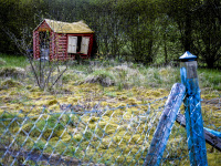 behind an old blue garden fence there is standing a small red playing house for children on a green meadow in unterlüß