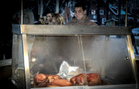 a young man seams pleasantly surprised about a hot meat meal at a christmas market in faßberg
