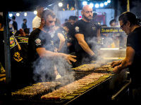 steaming suflaki on a grill at a funfair in kremasti on rhodes