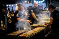 steaming suflaki on a grill at a funfair in kremasti on rhodes
