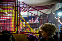 a little purple dolphin and a women in front of a carousel in kremasti on rhodes