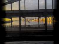out of a train shortly befor hamburg you see the elbe, the freihafenelbbrücken and from the early morningsun illuminated houses