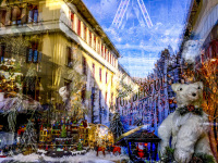 an icebear and many other nice things for xmas are for sale in a store window in ioannina, where also houses from the opposite are reflected in