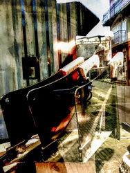 three big meat cleavers in a shop window in the old town of ioannina