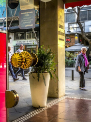 through the glassdoor of the hotel attalos in athens you see the street and a woman who looks at the hotel