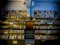 hundreds of music cassettes in a shop with old tapes in monastiraki in athens
