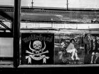 the shop window of a shop with old lp\'s in athens shows motörhead, whitney houston and prince, black-and-white