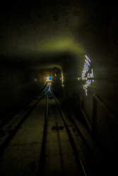 view in the dark tunnel of the lycabettus hill cable car in athens