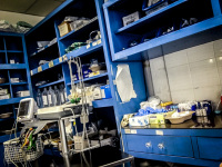 blue shelves and medical equipment in a hospital room in the hospital of aegio in greece