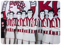 in the museum of the football club fc olympiakos in piraeus are standing wooden teamfigures