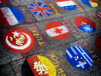 various flags were painted on the floor by artists in cologne in germany