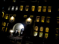 the casino rodos in rhodes city by night with yellow glowing windows