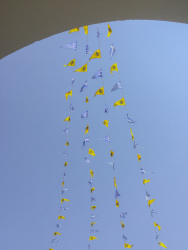 greek flags and flags of the greek orthodox are hanging in four ropes in front of a blue sky in ialysos on rhodes