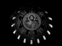 the dome of the church in kremasti on rhodes shows a image of jesus the pantokratos, black-and-white