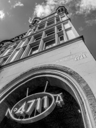 the building of the eau de cologne 4711 in the glockengasse in cologne, black-and-white