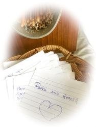 in a basket in the curch of profitis ilias on rhodes are laying written notes for praying