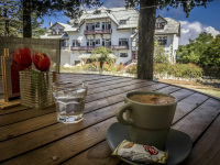 in front of the elafos hotel in profiis ilias on rhodes stands a wooden table with a cup of coffee and red flowers