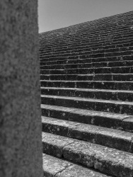 many steps lead to the sky at the acropolis in lindos on rhodes, black-and-white