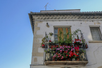 a house with as very small balkon, which is full of colorful flowers in bovino in puglia in italy