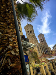next to a palm the towers of the holy church of dormition of the virgin mary chrisospileotissa in athens
