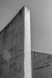 memorial stones of the massacre in kalavrita in WW2 in greece, black-and-white