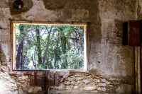 the window of an ruin in eleousa on rhodes shows the green wood behind it
