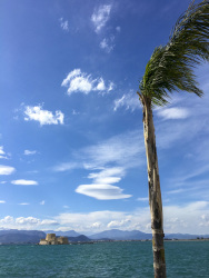 a blowing by the wind palm, funny clowds at the blue sky and turquoise sea is surrounding of the fort bourtzi in nafplio in greece