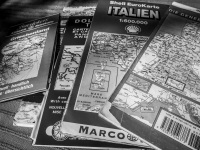 Old marco polo maps of greece and italy for planing a road trip, black-and-white