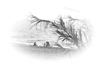 a little group is sitting at the limni beach near apolakkia on rhodes, black-and-white
