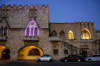 the community center KEP in rhodos city is beautiful iluminated by yello and rose colors