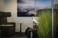 a traveller with his baggage is reading a newspaper behind green decorative grass in the lufthansa business lounge at the airport of hamburg