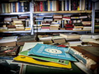 a wild collection of vinyl records and books at the flea market on the avissinias square in monastiraki in athens