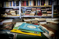 a wild collection of vinyl records and books at the flea market on the avissinias square in monastiraki in athens