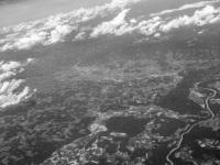 aerial view on hamburg with the river elbe and clowds, black-and-white