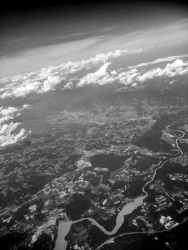 aerial view on hamburg with the river elbe and clowds, black-and-white