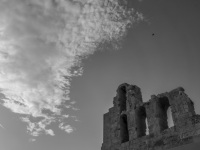 a bee, a plane, funny clowds and the top of the herodes atticus theatre in athens in front of a bright sky, black-and-white