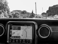 the navi of a sahara jeep unlimited shows the map of meteora in greece, black-and-white