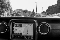 the navi of a sahara jeep unlimited shows the map of meteora in greece, black-and-white