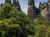 green trees, mystic hills and a blue sky in meteora in the north of greece