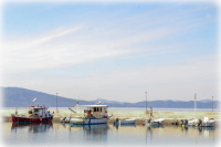 a man is going along the harbor in arkitsa and goes past the boats