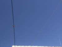 two electric cables, a bird and a plane at the blue sky above the village geroplatanos in the north of greece