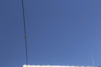 two electric cables, a bird and a plane at the blue sky above the village geroplatanos in the north of greece