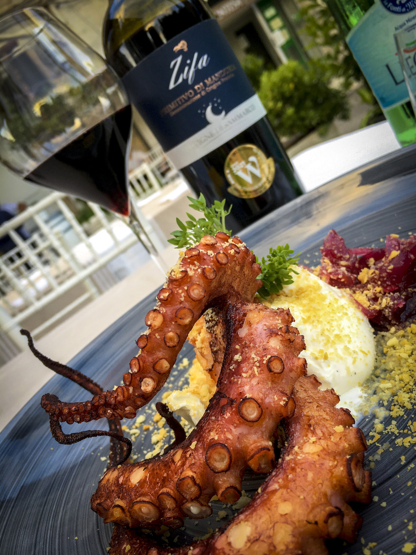 Frisch gegrillter Oktopus mit einem Glas Rotwein – FOTO MAU – Food